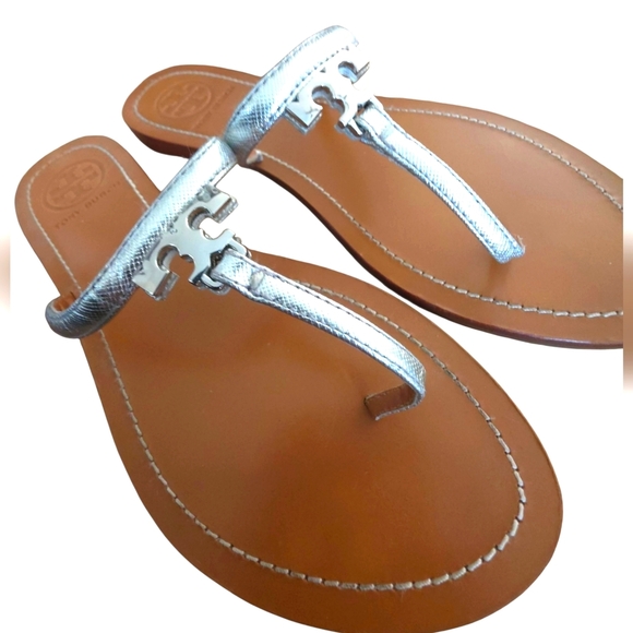 Tory Burch Silver Metallic Leather Strap T Logo Thong 7.5 - Picture 5 of 16